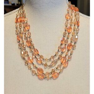 Multi-Strand Pink Peach Beaded Springtime Necklace Gold Tone Lobster Clasp
